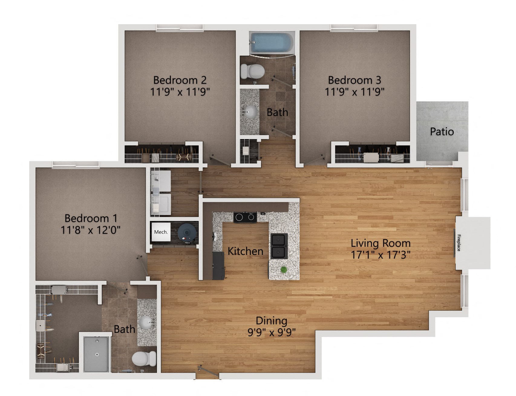 Floor plan for 3 beds, 2 baths, 1425 sqft